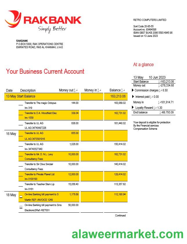Rakbank enterprise account statement Word and PDF template